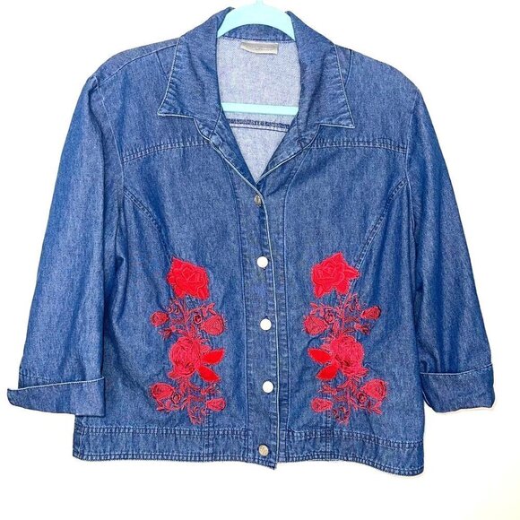 Saint Germain Paris Denim Jacket Womens Vintage Embroidered Appliqué Cotton Blue - Picture 1 of 10